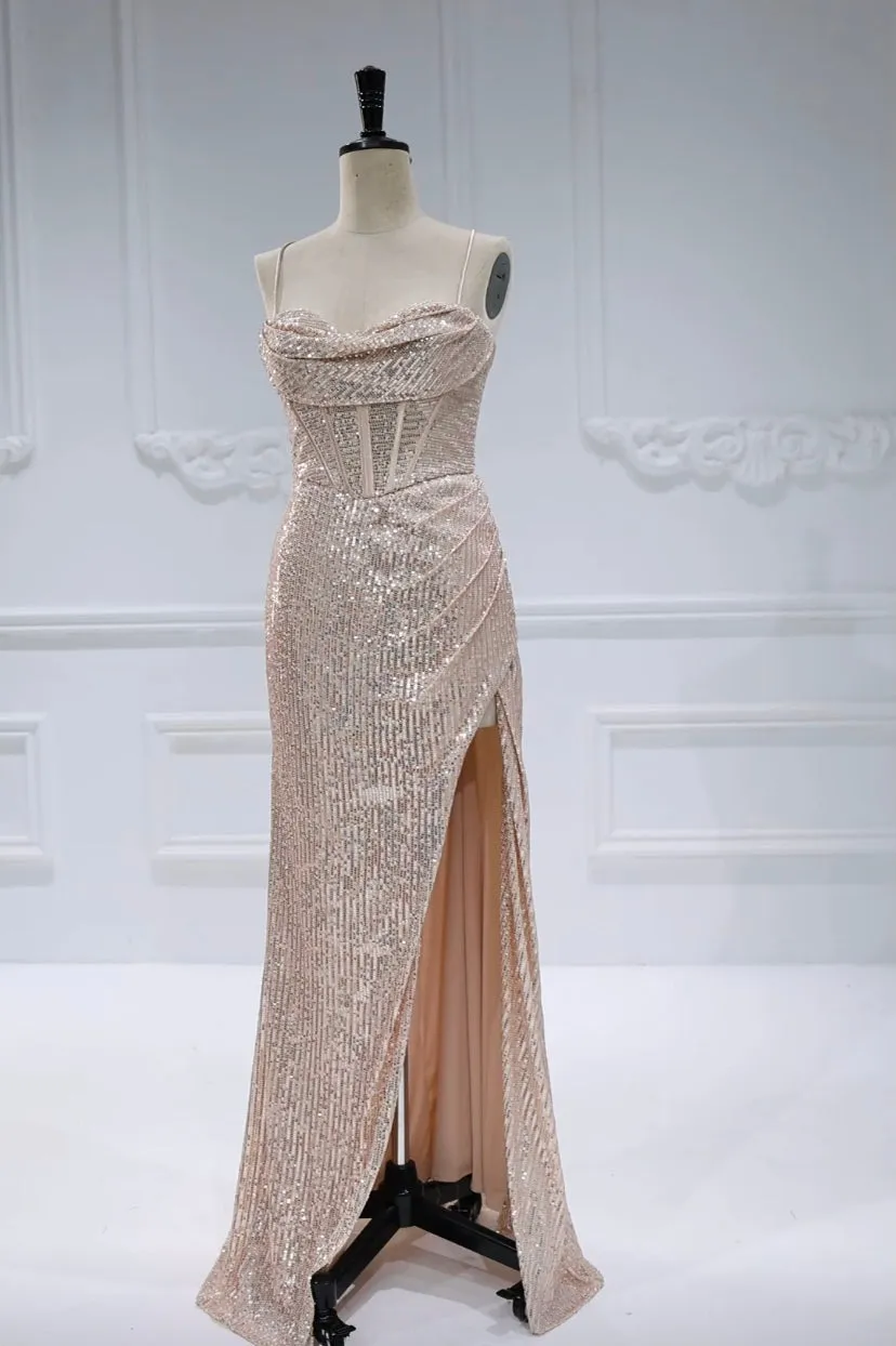 Sequin Draped-Neck High-Slit Prom Gown #22142